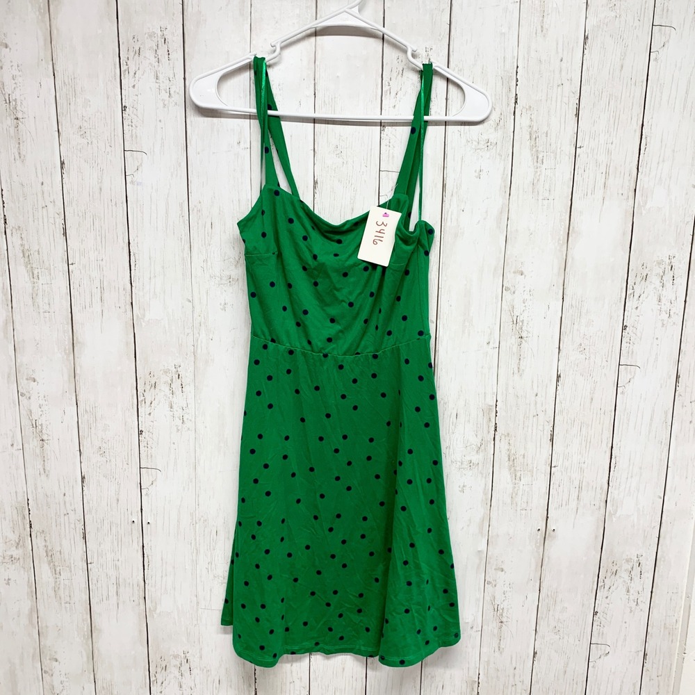 Socialite Polka Dot Fit Flare Dress Womens Size XS Green Navy Blue Mini Stretch